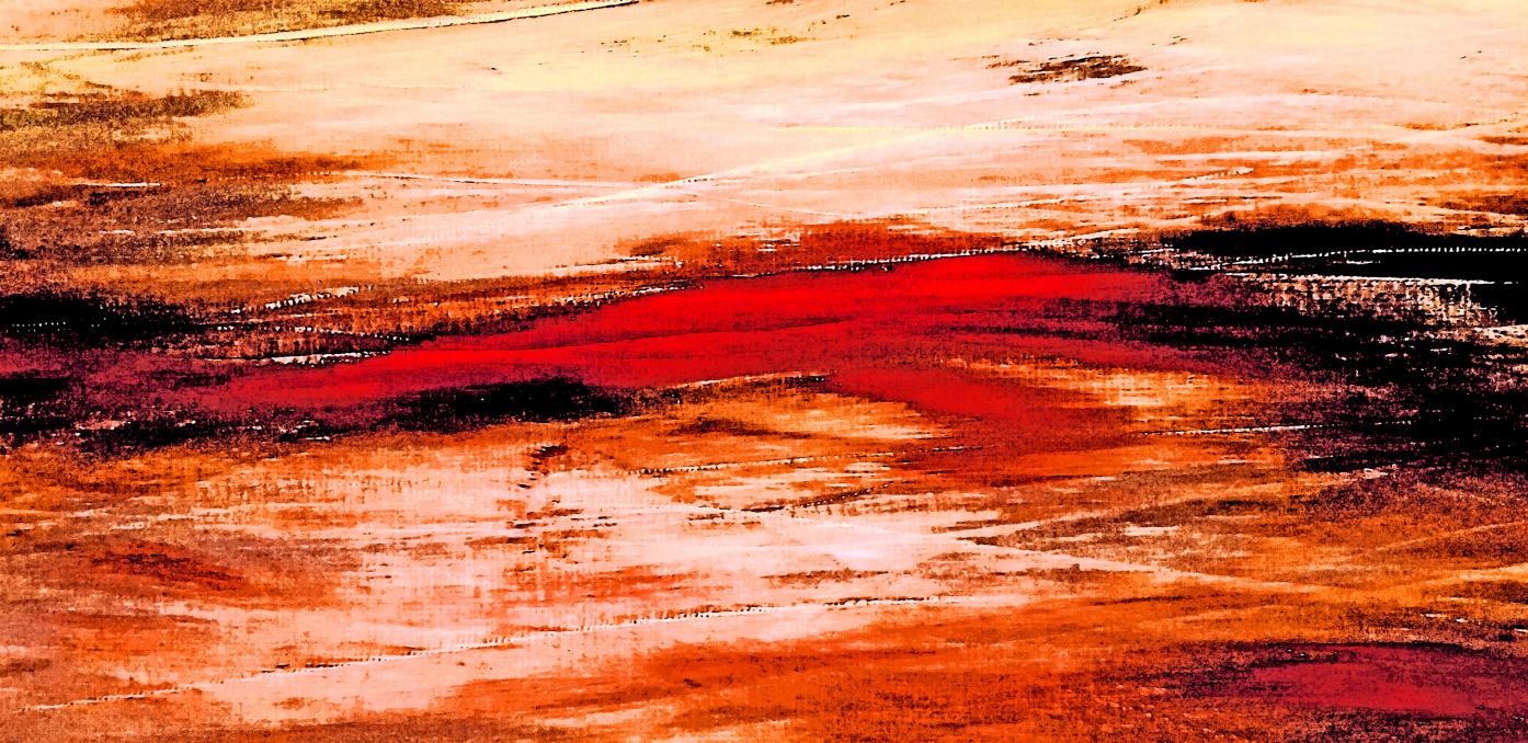 Gemälde in den Farben Ocker- und Rottönen, leicht geschwungen wie Wellenbewegungen, in der Mitte des Bildes am intensivsten rot, dass links und rechts ins Schwarze ausläuft.
