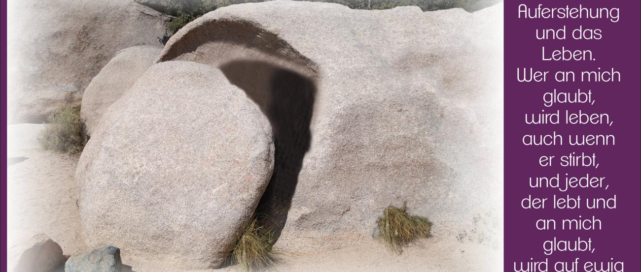 Das Bild zeigt einen Stein, der vor einem Grab weggerollt ist