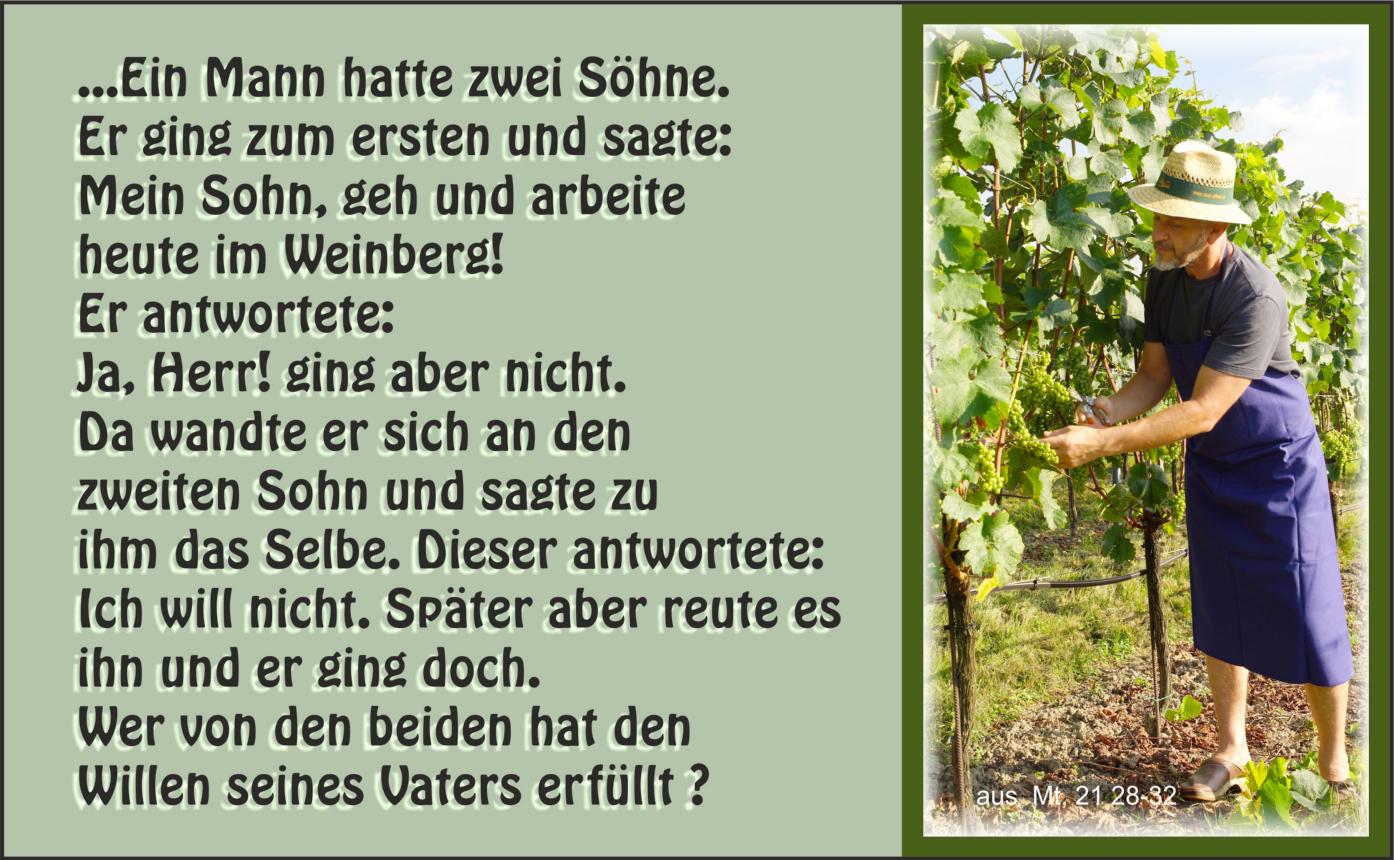 2020-09-27-26so-jkr_mt_21_28-32_by_anton_eilmannsberger_pfarrbriefservice Bild Arbeiter im Weinberg mit Bibeltext 'Die ungleichen Söhne'