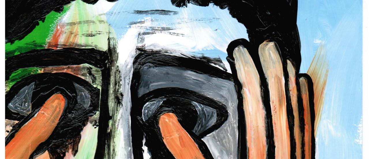 wir sehen das Gesicht eines Mannes, in grau, blau,grünen und schwarzen Farben gemalt und eine rechte Hand, in Ocker und rot gemalt, die das rechte Auge und die Schläfe des Mannes berührt und einen linken Zeigefinger, in ocker gemalt, der das linke Auge berührt