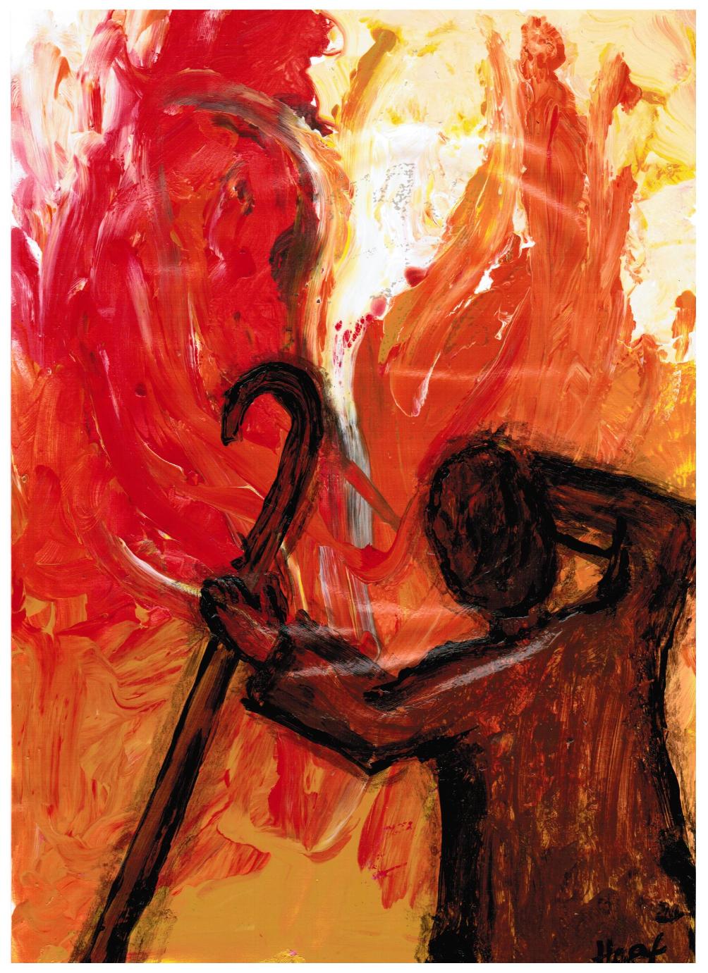 Eine Figur in schwarz gemalt mit einem Hirtenstab im Vordergrund schaut auf ein Feuer in orange, gelb, weiß
