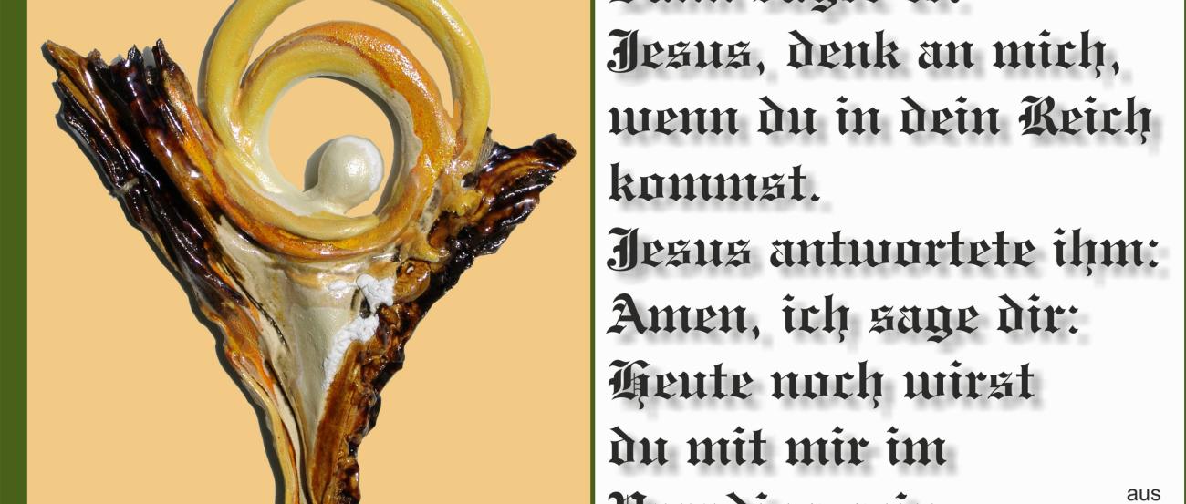 Abstraktes Bild von Jesus am Kreuz mit Dornenkrone, dazu Text aus Lukasevangelium