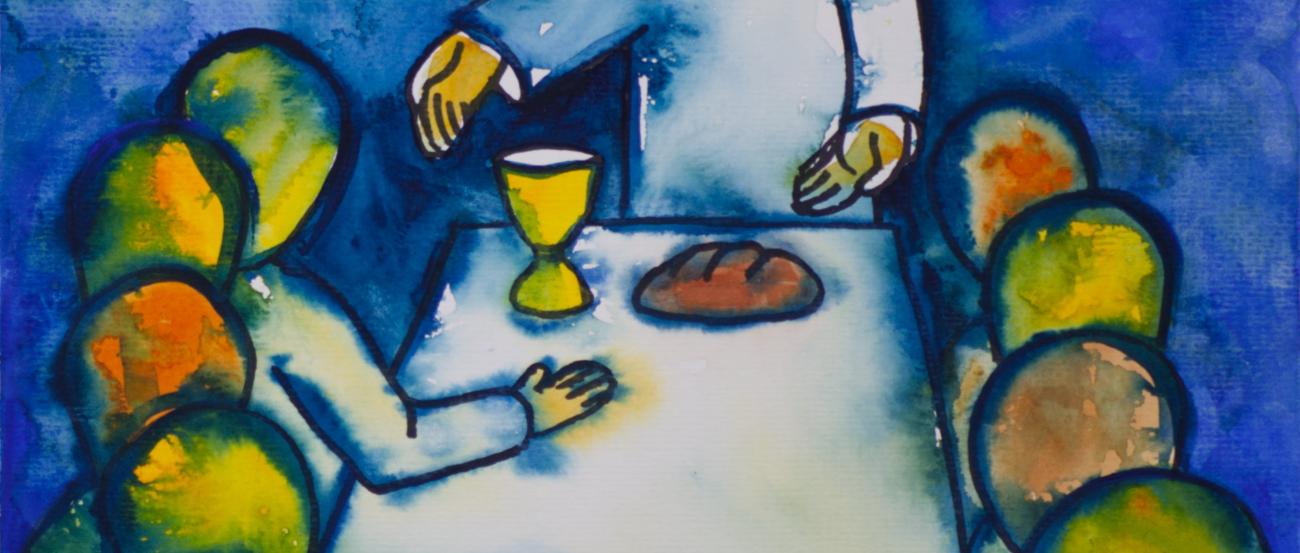 Jesus beim Abendmahl mit seinen Jüngern gemalt