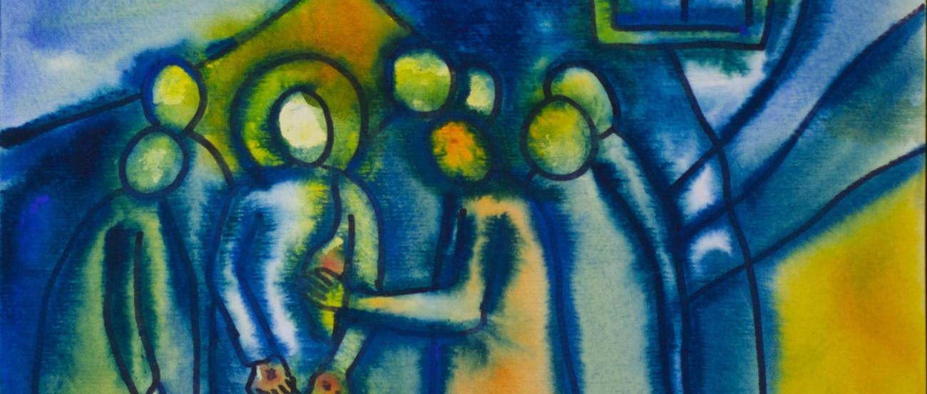 Fensterbild Apostel Thomas als Zweifler mit Jesus und mehreren Aposteln