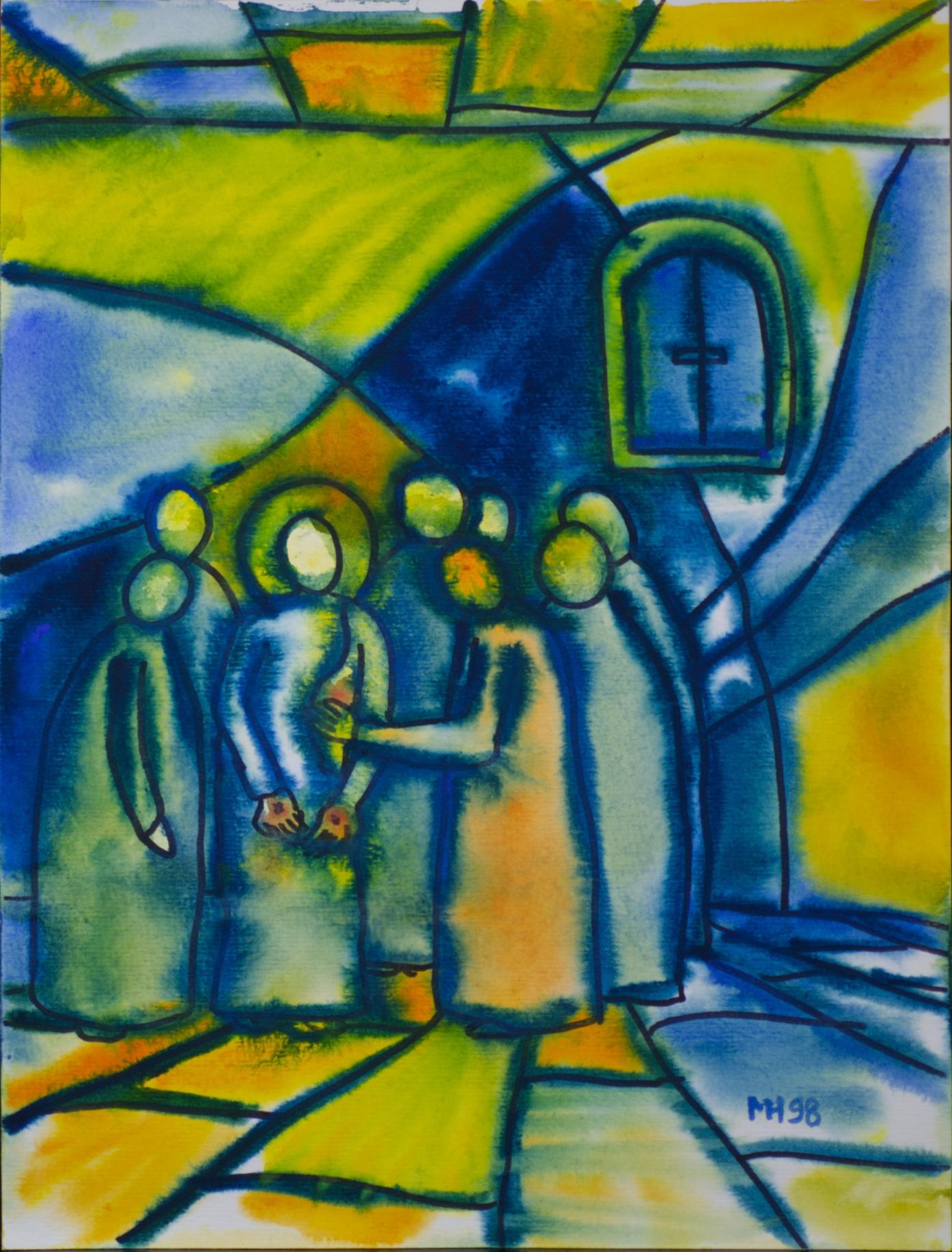 Fensterbild Apostel Thomas als Zweifler mit Jesus und mehreren Aposteln