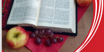 eine aufgeschlagene Bibel auf einer roten Serviette, links unten ein Apfel und einige Trauben, rechts oben neben der Bibel liegt ebenfalls ein Apfel