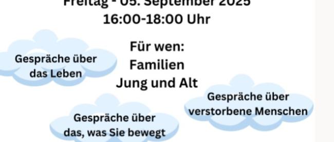 Das Plakat ist eine Einladung zur 'Flotten Elli', einem mobilen Gesprächsangebot über Leben, Tod und Hoffnung auf dem Friedhof Ralingen mit Einladung zur Begegnung auf dem Friedhof Ralingen am Freitag, dem 5. September von 16 bis 18 Uhr