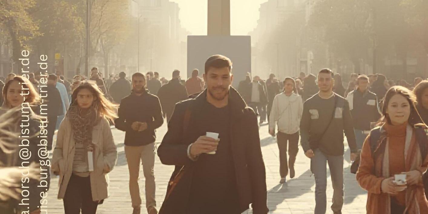 Menschen unterwegs in einer Innenstadt im Bildmittelpunkt ein großes Kreuz, Aufschrift Kreuzweg in der City