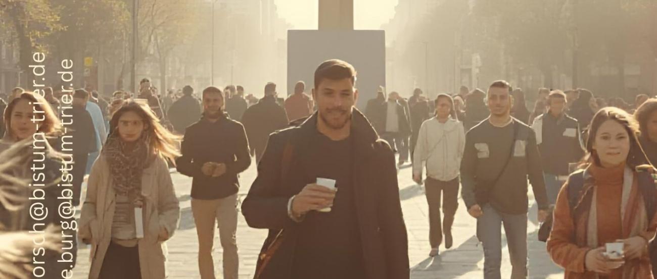 Menschen unterwegs in einer Innenstadt im Bildmittelpunkt ein großes Kreuz, Aufschrift Kreuzweg in der City