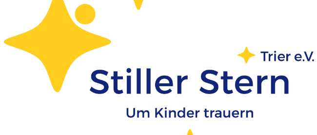 vier unterschiedlich große gelbe Sterne sind um den Schriftzug Stiller Stern um Kinder trauern angeordnett