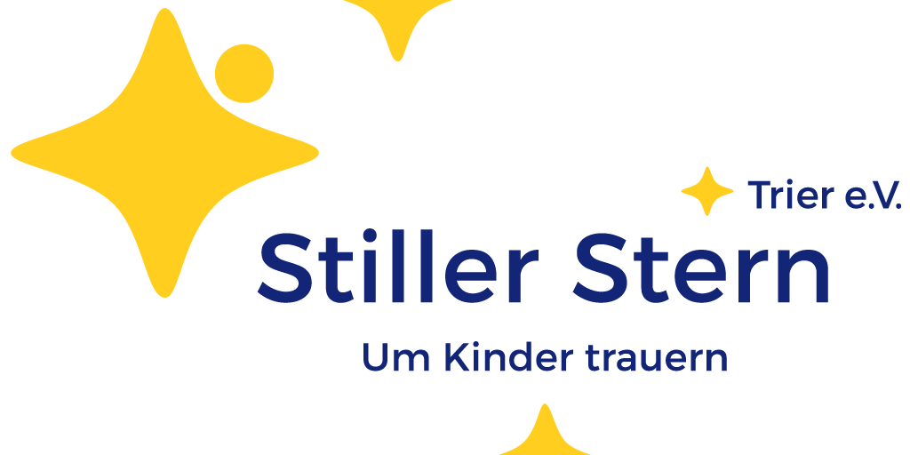 vier unterschiedlich große gelbe Sterne sind um den Schriftzug Stiller Stern um Kinder trauern angeordnett