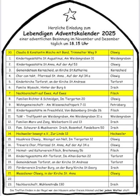 Hier sind nach Datum alle Treffpunkte für den lebendigen Adventskalender abgebildet. Sie finden jeden einzelnen Termin auch unter Veranstaltungen aufgeführt.