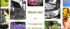 Plakat mit mehreren Motiven aus dem Trostgarten St. Matthias