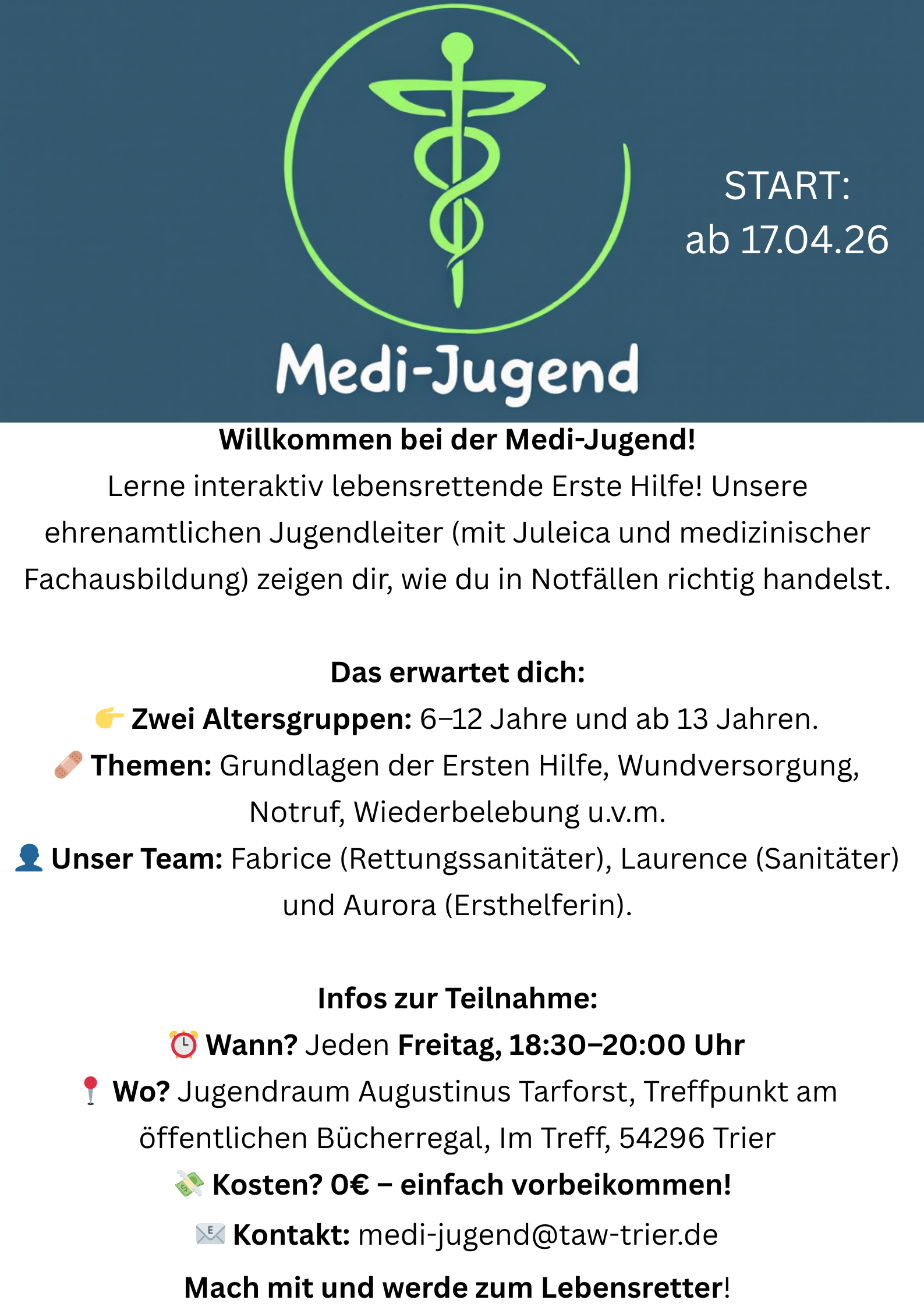 Einladung zu einem neuen Treff zum erlernen erster Hilfe Techniken für Kinder und Jugendliche