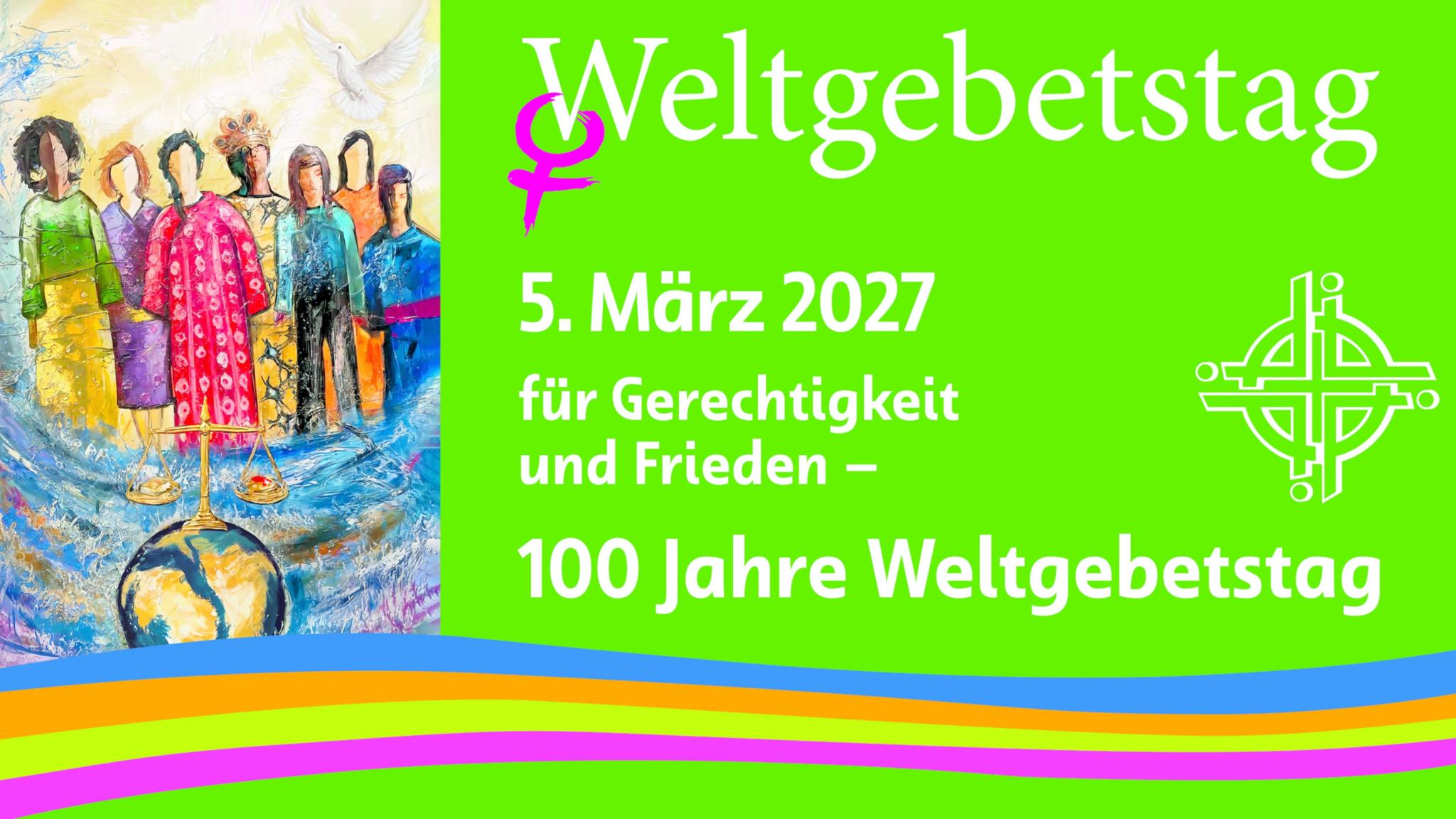 Gemalte Gruppe verschiedener Frauen, umgeben von Wasser und einer Weltkugel