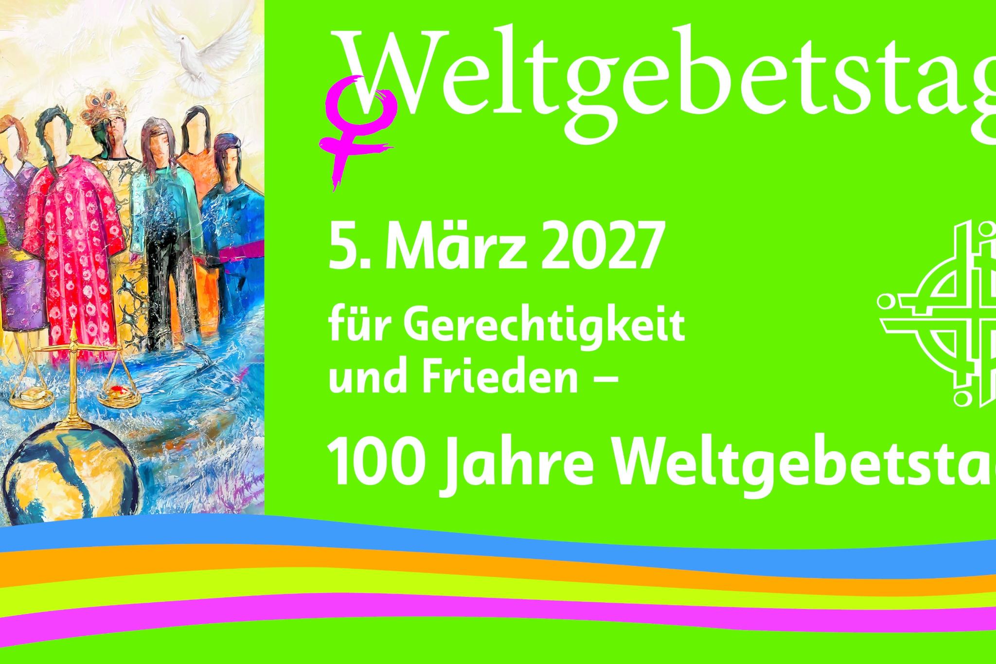 Gemalte Gruppe verschiedener Frauen, umgeben von Wasser und einer Weltkugel