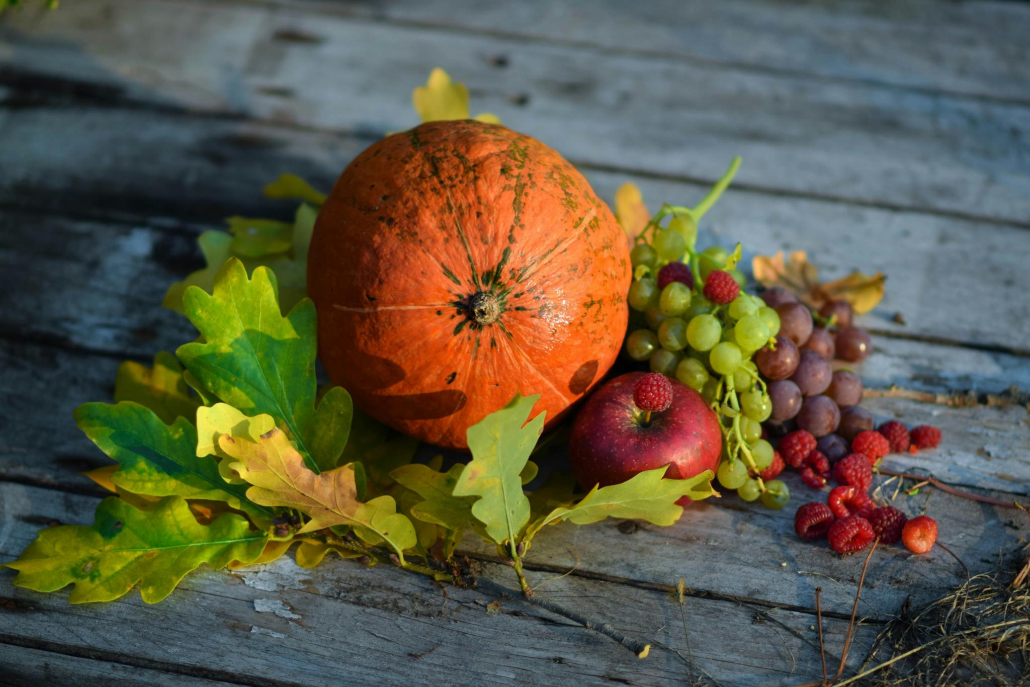 Kürbis, Weintrauben, Apfel, Beeren und Herbstblätter auf Holzdielen im Sonnenlicht