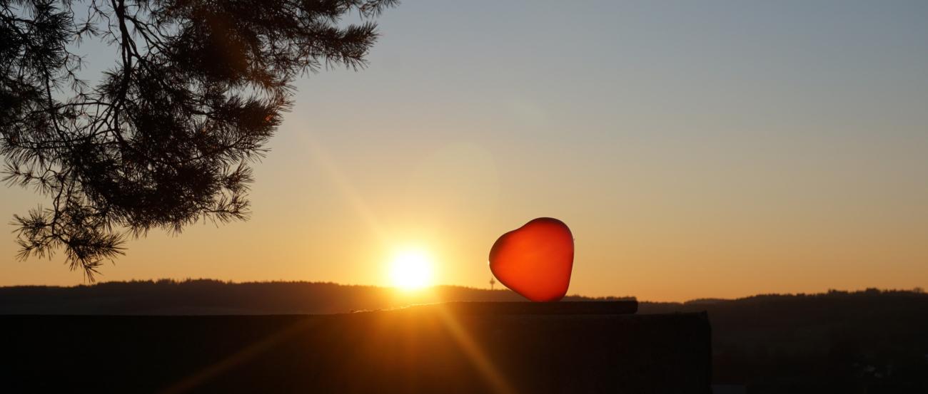 Rotes Herz vor Sonnenuntergang, Silhouette eines Baumes links.