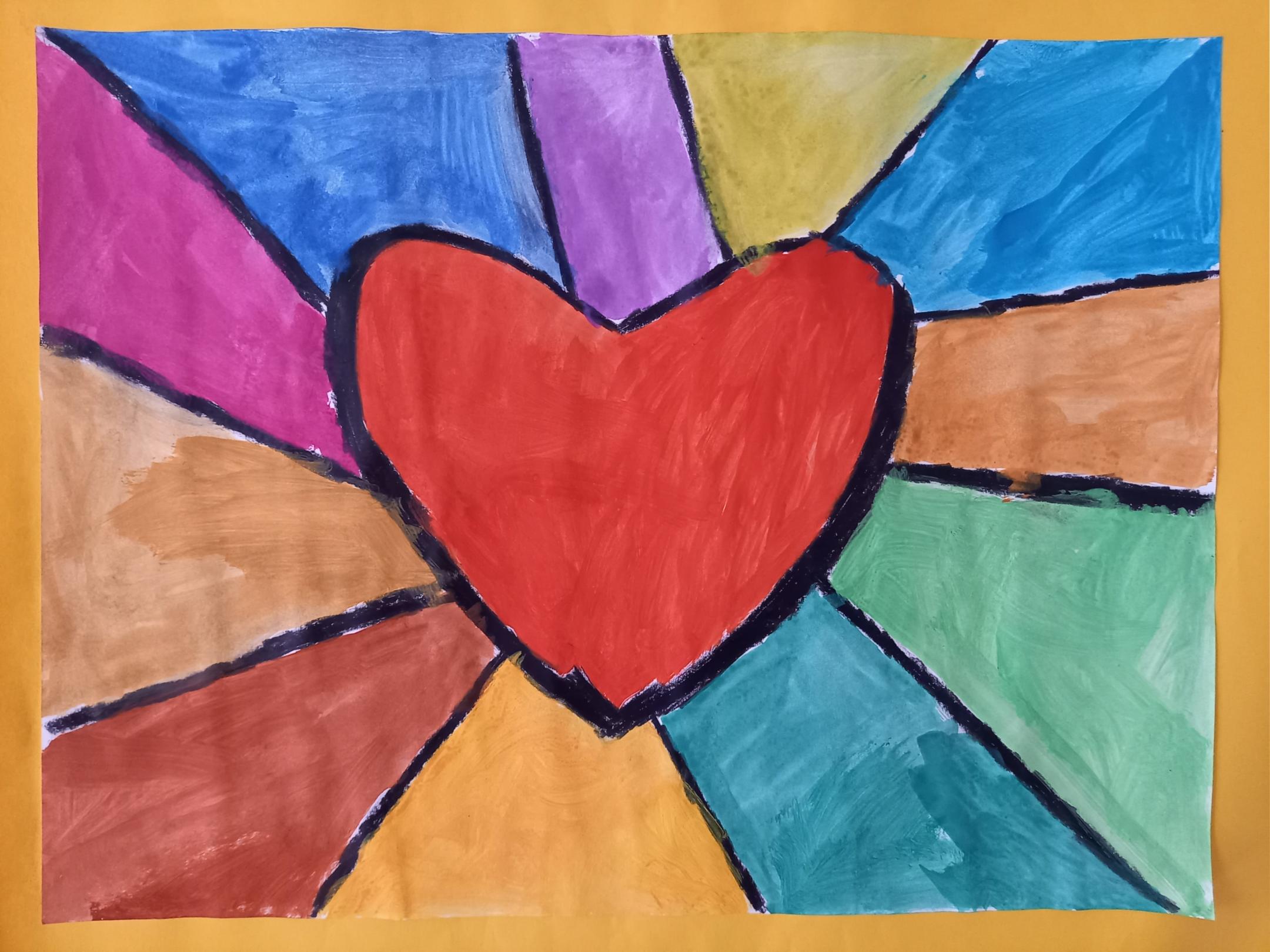 Bild mit Wasserfarben gemalt, in der Mitte ein rotes Herz, von dem strahlenförmig elf bunte Felder ausgehen
