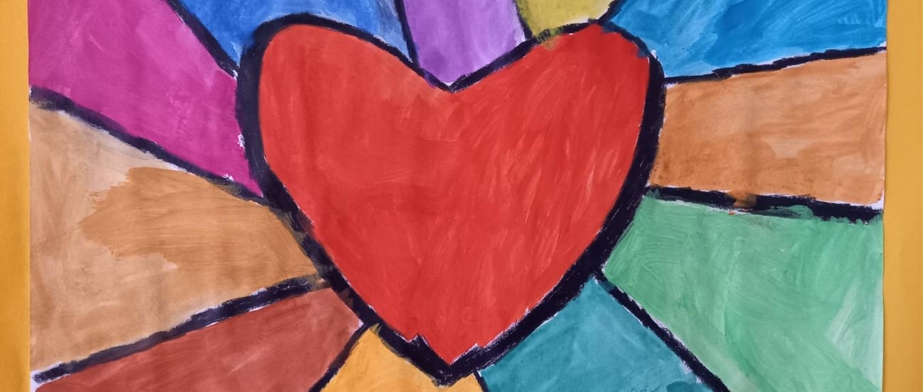 Bild mit Wasserfarben gemalt, in der Mitte ein rotes Herz, von dem strahlenförmig elf bunte Felder ausgehen