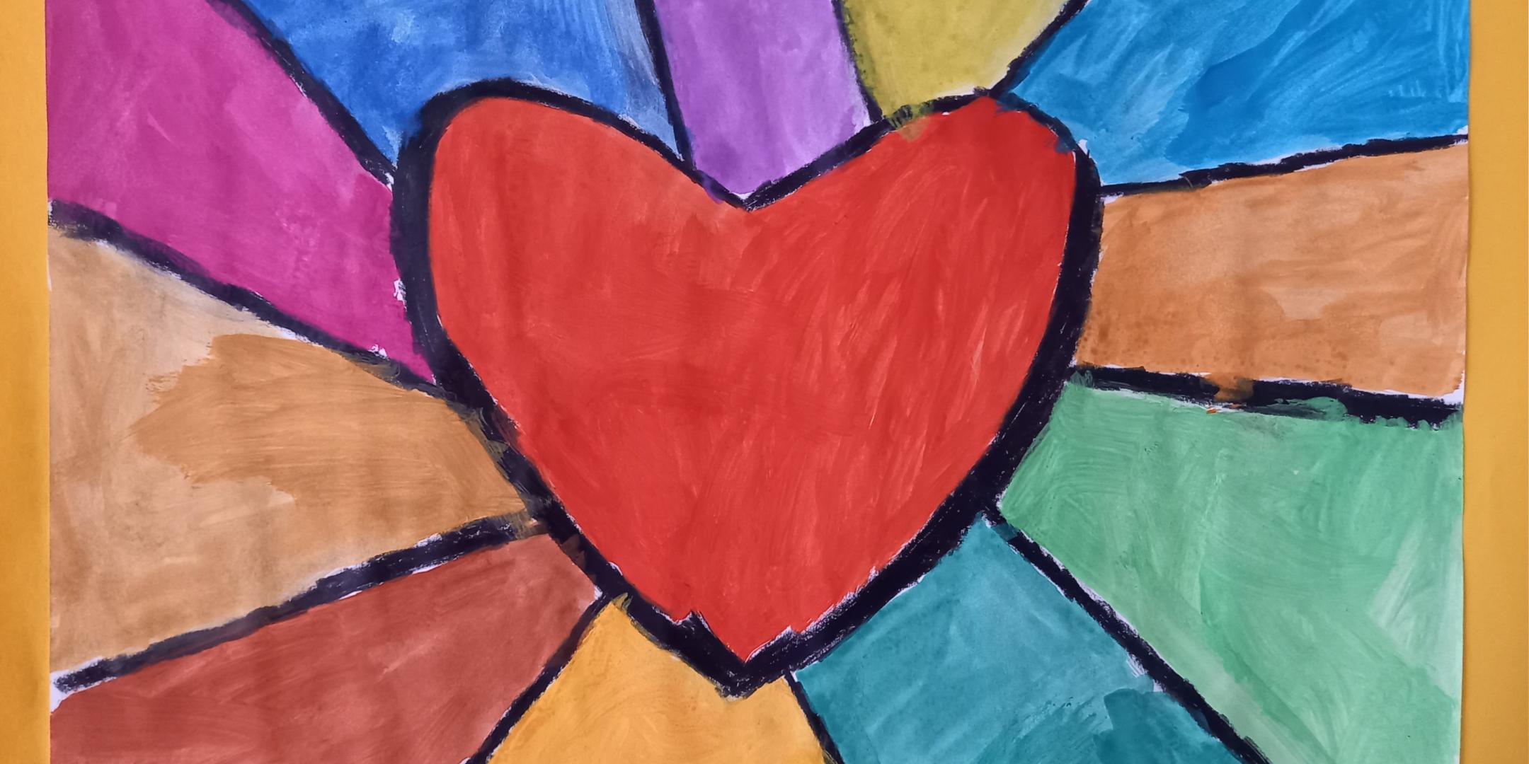 Bild mit Wasserfarben gemalt, in der Mitte ein rotes Herz, von dem strahlenförmig elf bunte Felder ausgehen