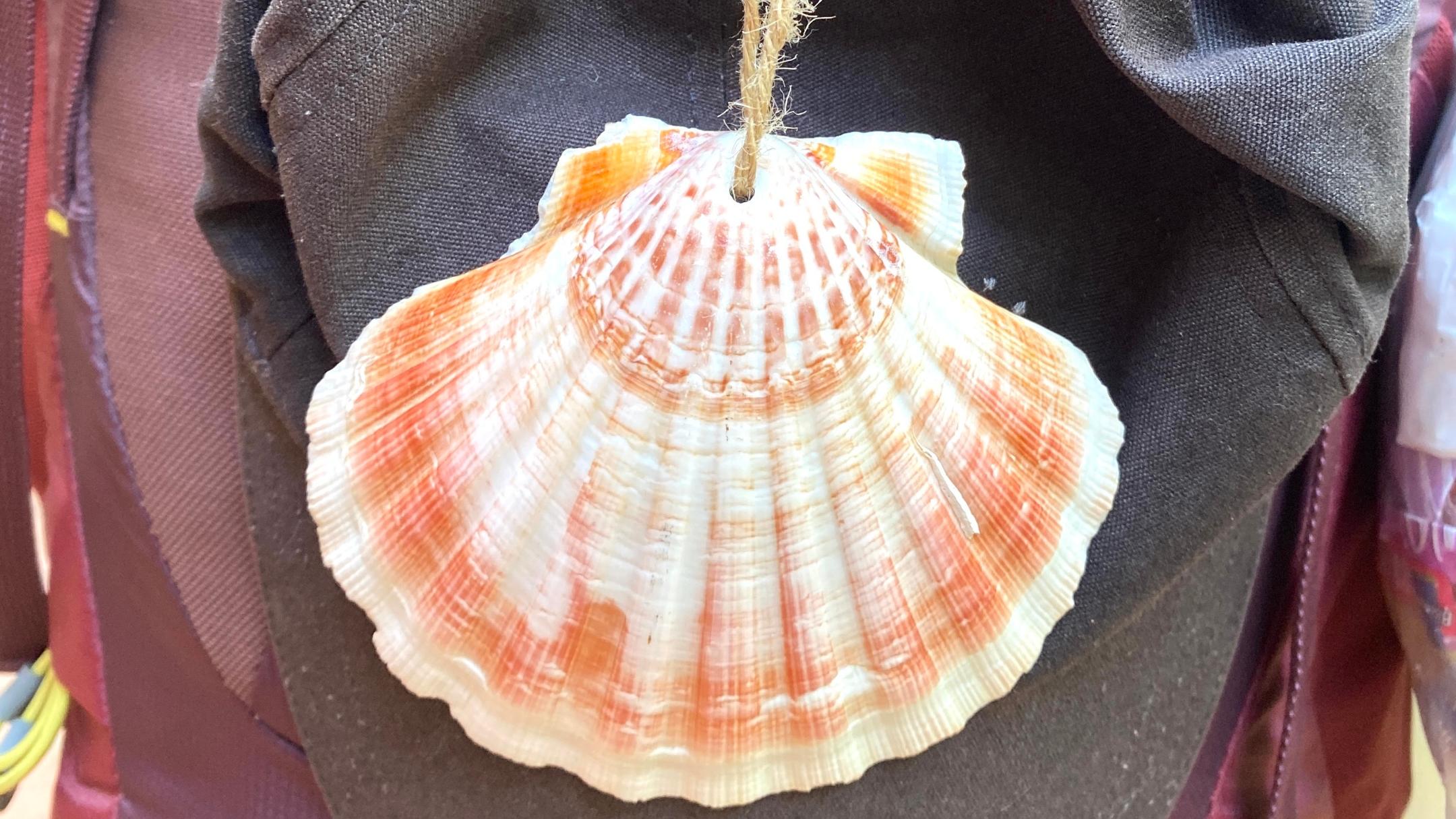 am Rucksack hängen Pilgermütze und Pilgerkopfebedeckung