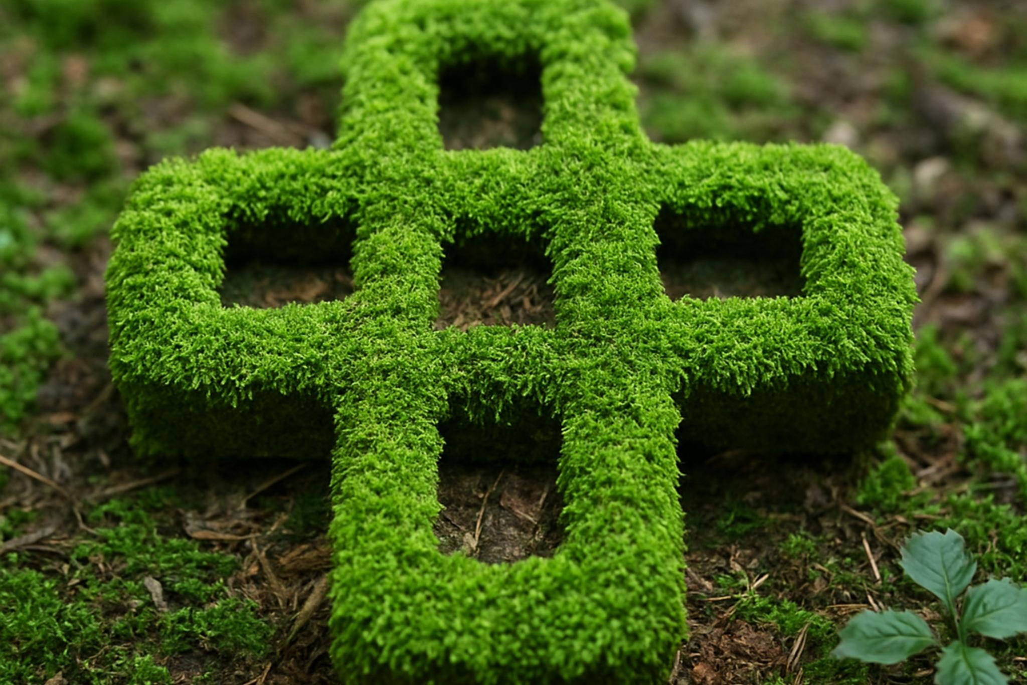 Kreuz aus grünem Moos auf Waldboden
