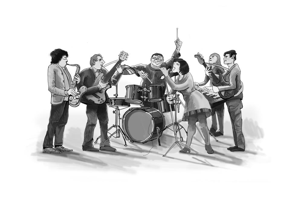 fünf Musiker und eine Sängerin schwarz weiß Zeichnung
