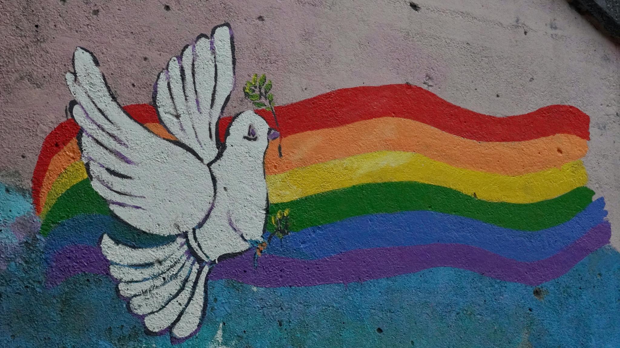 ein Regenbogen mit einer Friedenstaube auf eine Hauswand mit Kreide gemalt