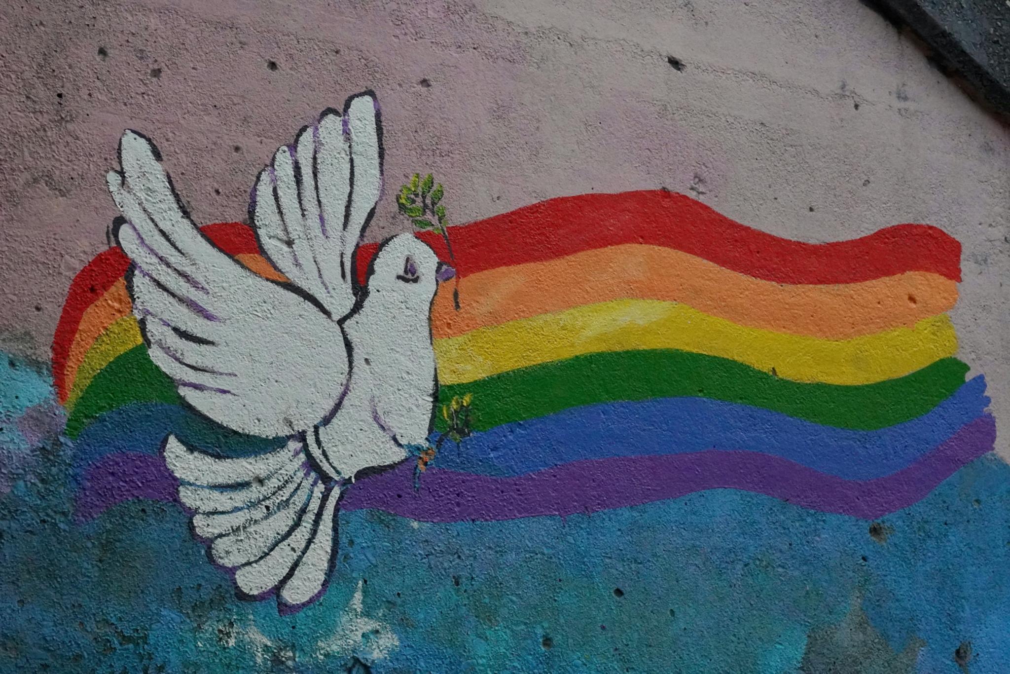 ein Regenbogen mit einer Friedenstaube auf eine Hauswand mit Kreide gemalt