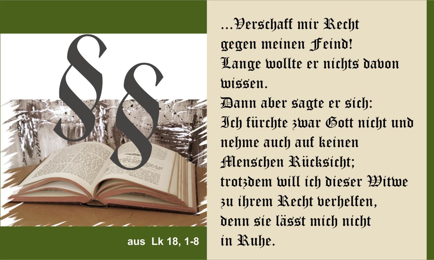 Das Bild zeigt ein Buch mit Paragraphenzeichen und den Text des heutigen Evangeliums